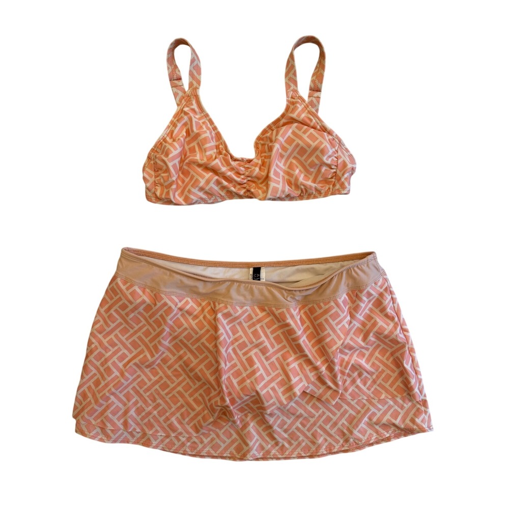 Alex Marie Swimsuit Set‎ Peach White Geometric Skirted Bikini Top Size 8 & 10